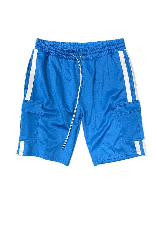 Two Stripe Cargo Pouch Shorts with elastic waist and drawstring, side cargo pockets, blue color.